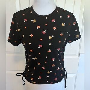 Whimsical Mushroom Print Stretch Short Sleeve Top Cinch Sides could fit S/M/L